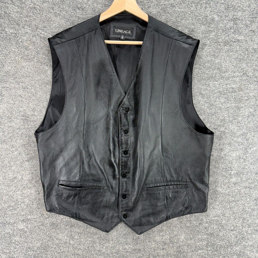 Lineage Suit Vest Men XL Black Button Up V-Neck Leather Sleeveless Lined Pockets